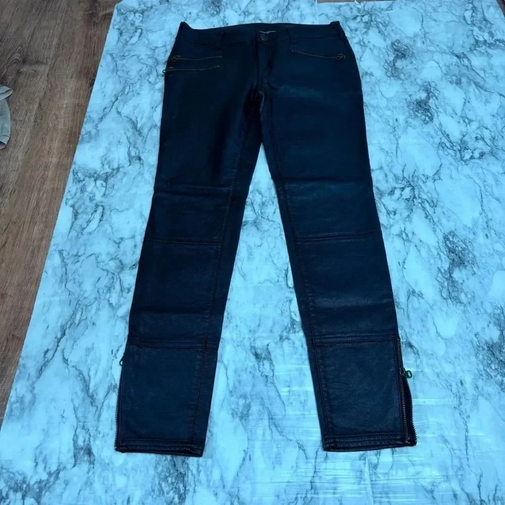 Free People Faux leather Skinny Jeans size 4 Black Gold Zipper detail